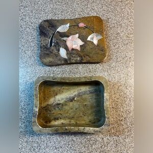 Stone trinket box with mother-of-pearl floral design on the lid made in India
